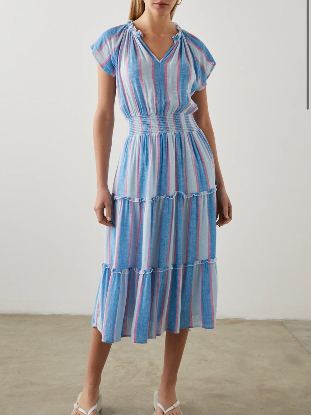 Rails Blue and Pink Striped Tiered Midi Dress